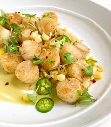 Seared Mind Blown Dusted Scallops with Rice, Charred Corn, and Crema