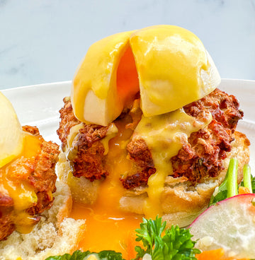Mind Blown Crab Cake Benedict with Vegan Hollandaise Sauce