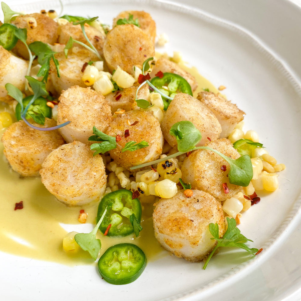 Seared Mind Blown Dusted Scallops with Rice, Charred Corn, and Crema