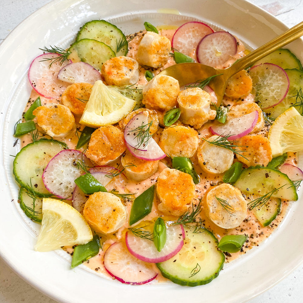 Mind Blown Dusted Scallops with Vegan Harissa Yogurt