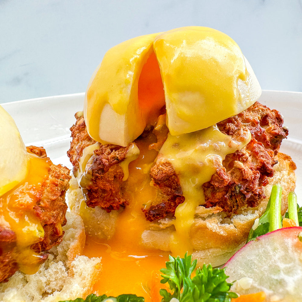 Mind Blown Crab Cake Benedict with Vegan Hollandaise Sauce