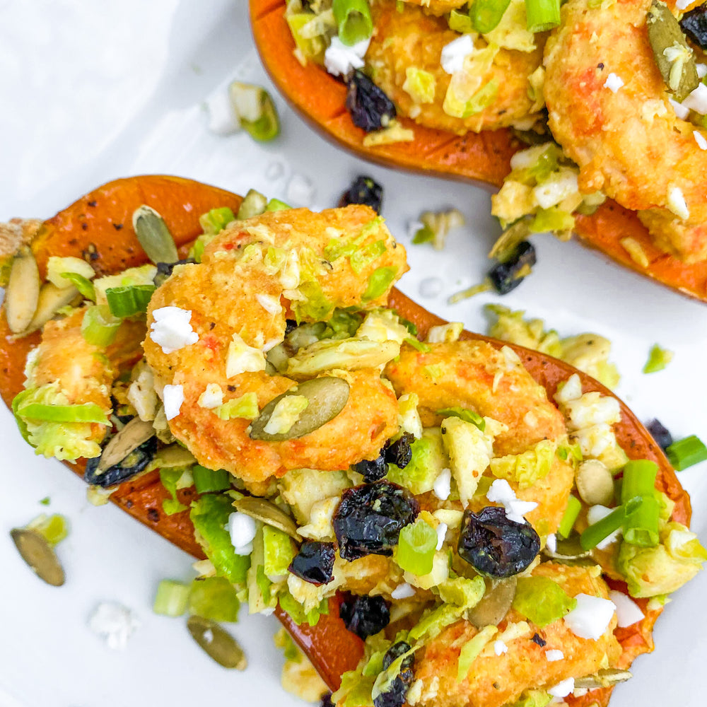 Stuffed Honey Nut Squash with Mind Blown Dusted Shrimp & Brussel Sprouts