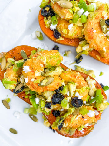Stuffed Honey Nut Squash with Mind Blown Dusted Shrimp & Brussel Sprouts