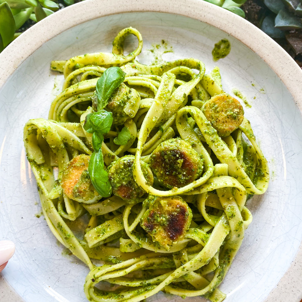 Mind Blown Dusted Scallops and Atlantic Sea Farms Kelp Pesto Linguini