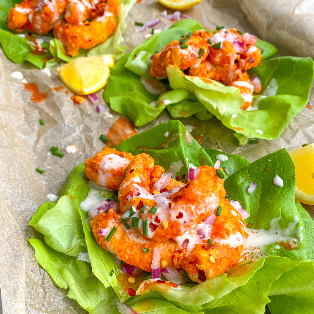 Mind Blown Dusted Buffalo Shrimp Lettuce Wraps