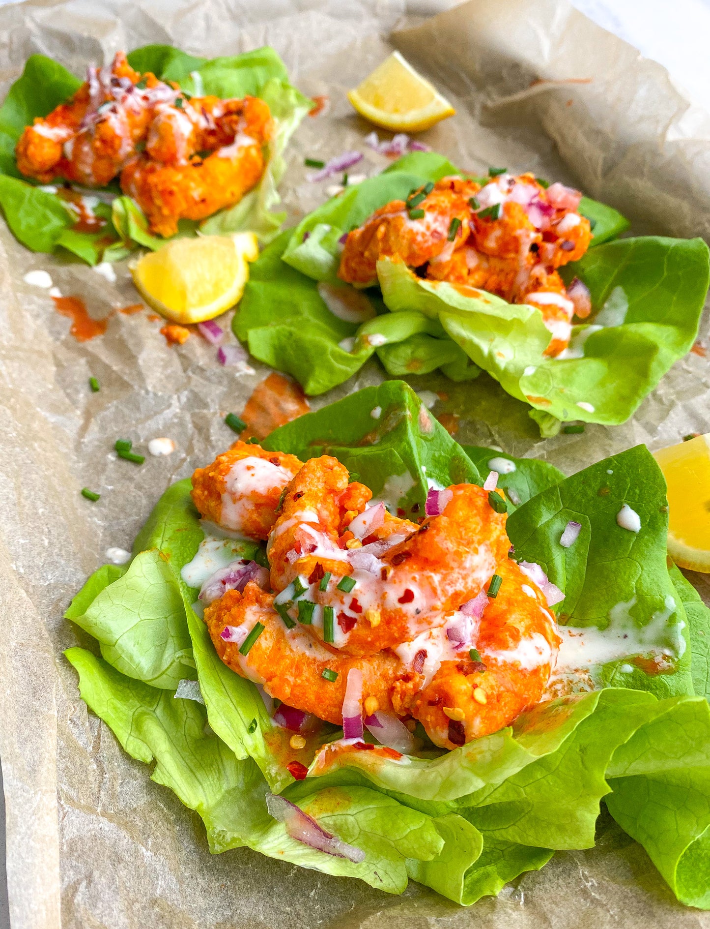 Mind Blown Dusted Buffalo Shrimp Lettuce Wraps