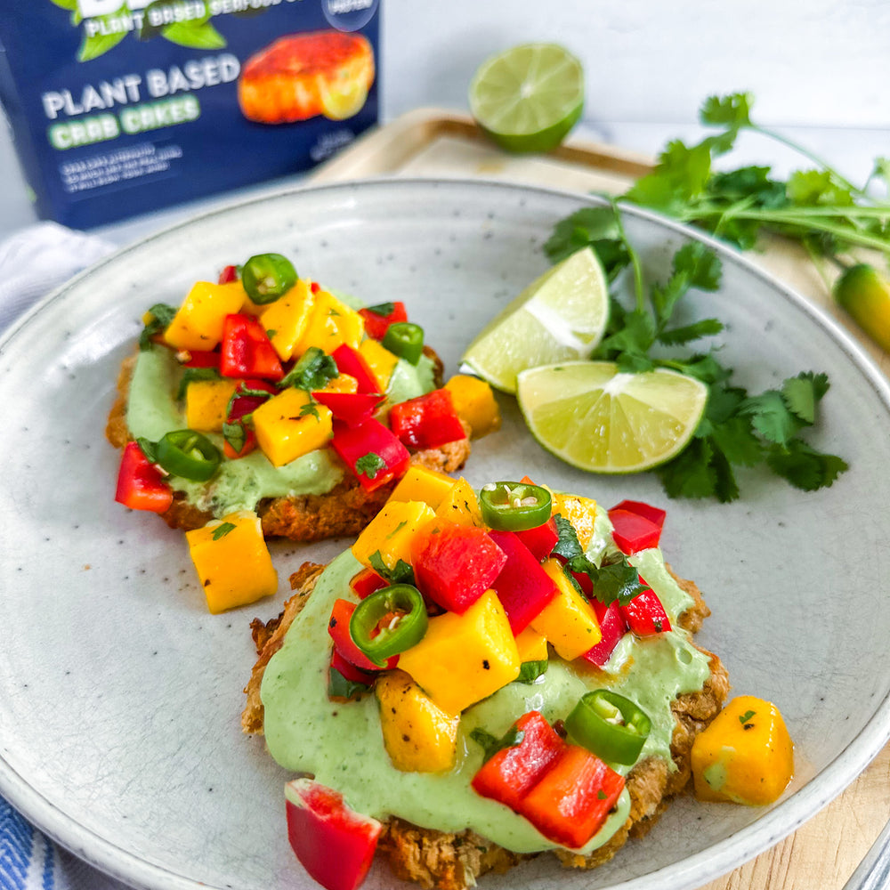 Mind Blown Crab Cakes with Avocado Crèma and Mango Salsa