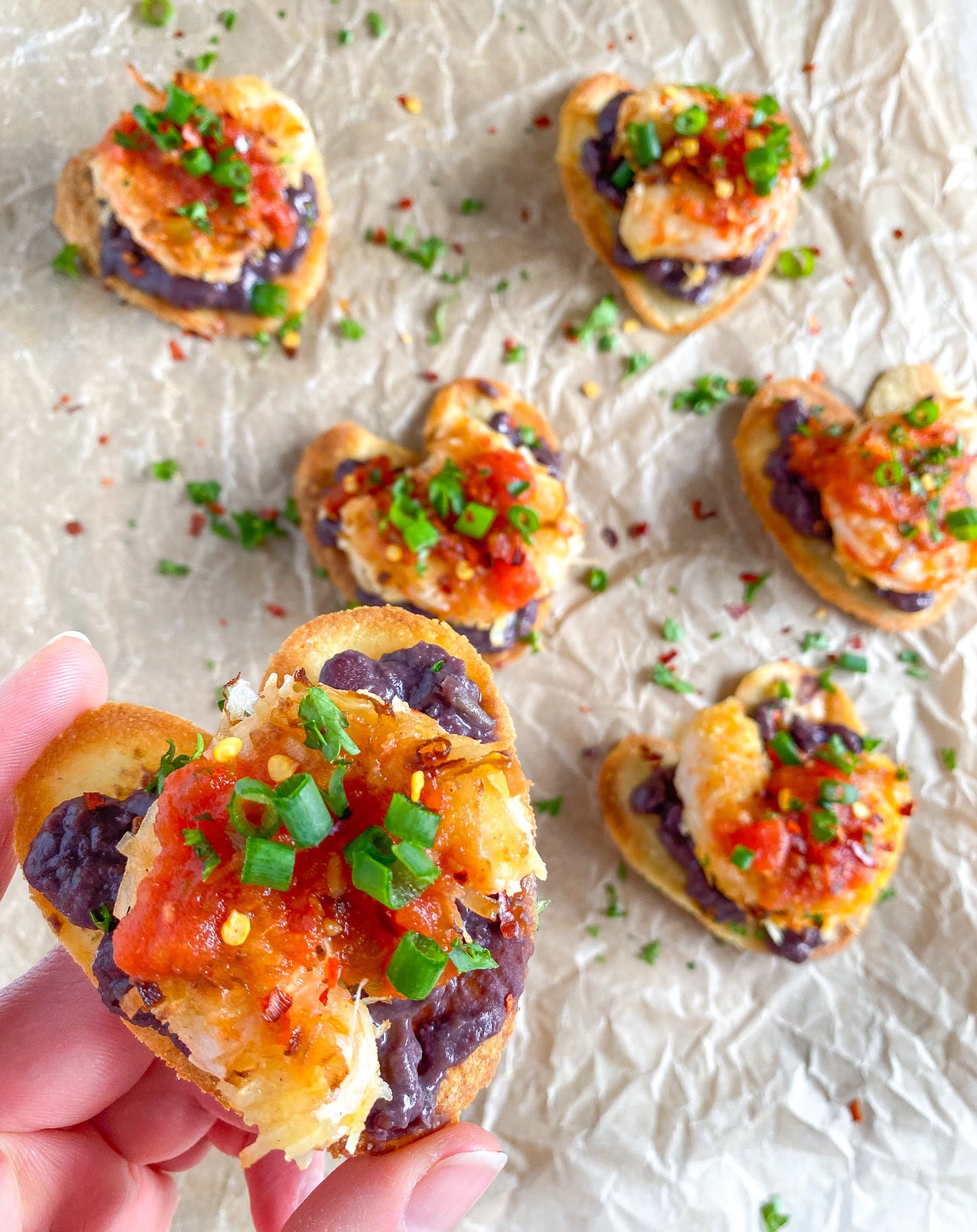 Heart-Shaped Mind Blown Coconut Shrimp Tostadas