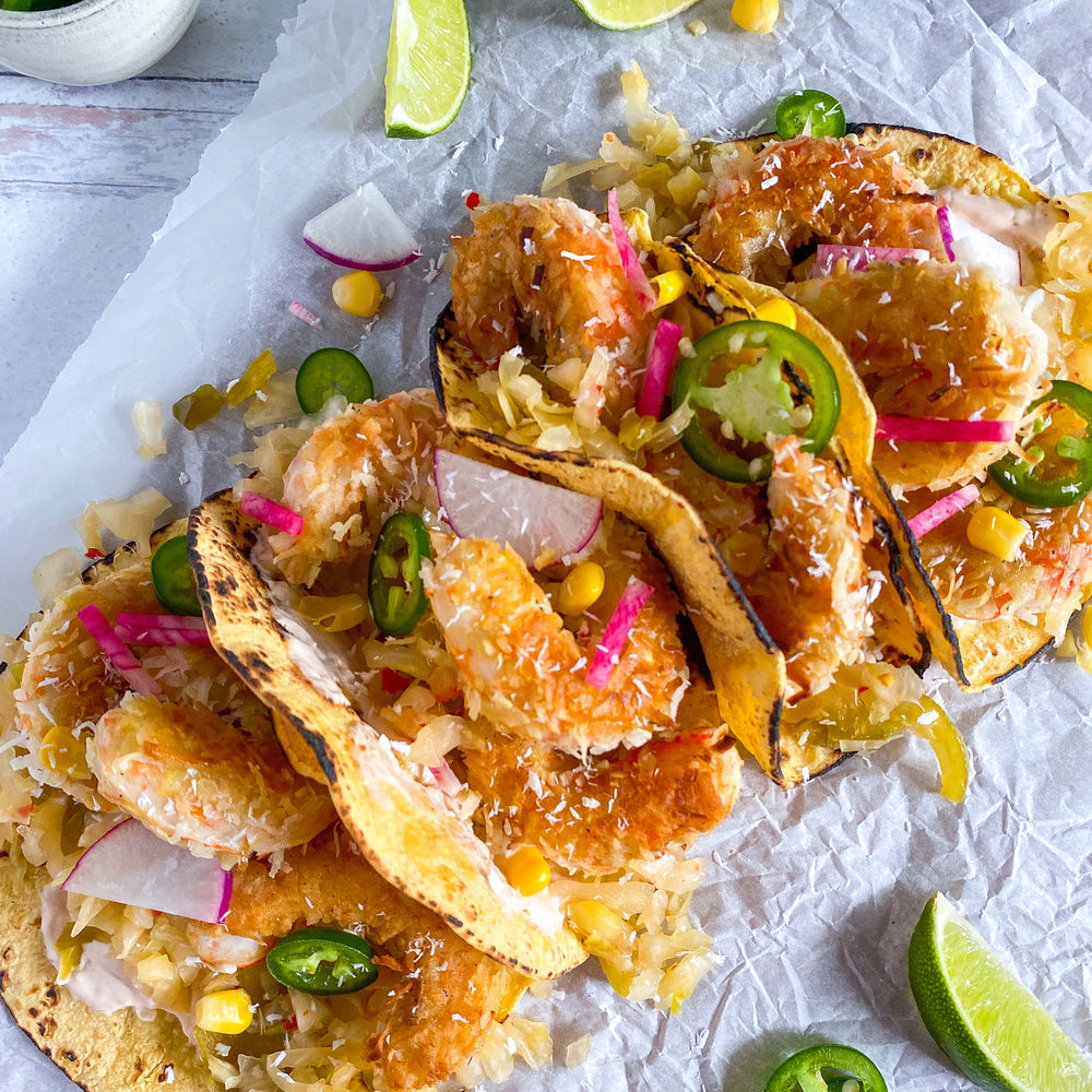 Mind Blown Coconut Shrimp and Kraut Tacos