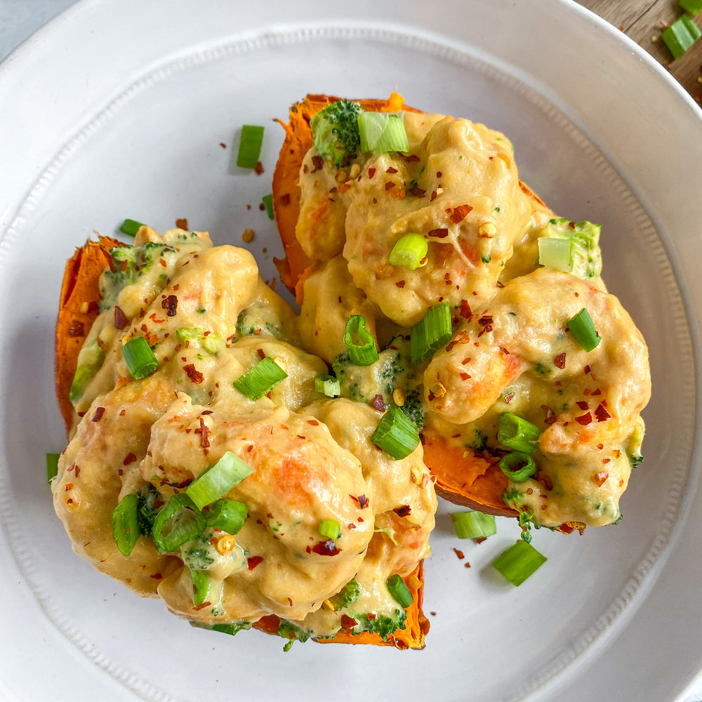 Mind Blown Broccoli Dusted Shrimp Stuffed Sweet Potatoes