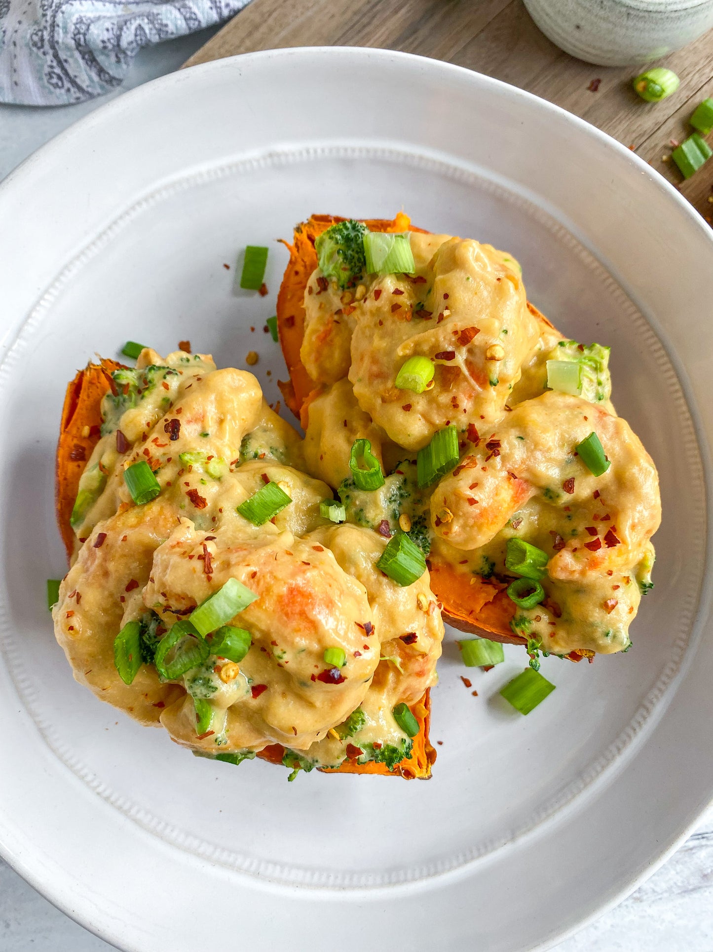 Mind Blown Broccoli Dusted Shrimp Stuffed Sweet Potatoes